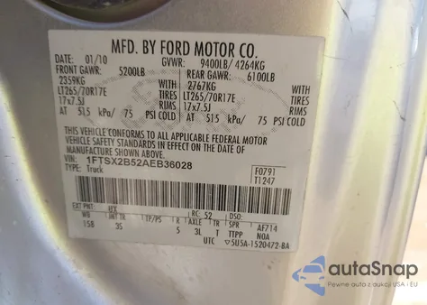 2010 Ford F-250 Xlt z USA, uszkodzony, nr VIN 1FTSX2B52AEB36028